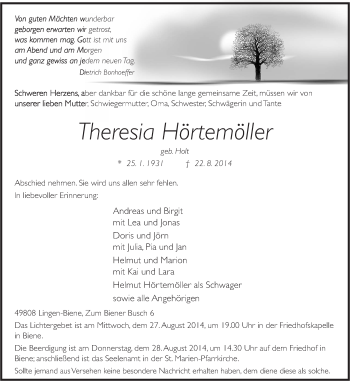 Traueranzeige von Theresia Hörtemöller von Neue Osnabrücker Zeitung GmbH & Co. KG