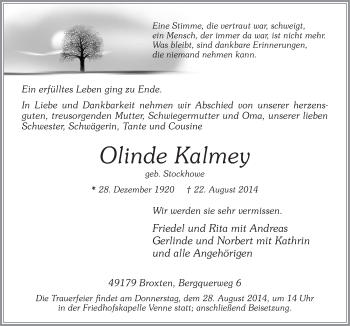 Traueranzeige von Olinde Kalmey von Neue Osnabrücker Zeitung GmbH & Co. KG