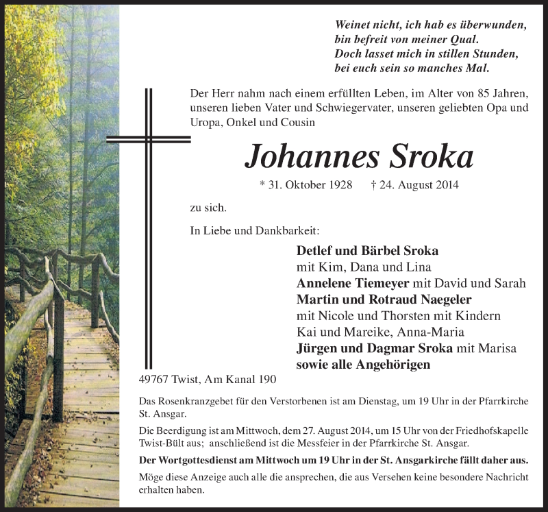  Traueranzeige für Johannes Sroka vom 26.08.2014 aus Neue Osnabrücker Zeitung GmbH & Co. KG