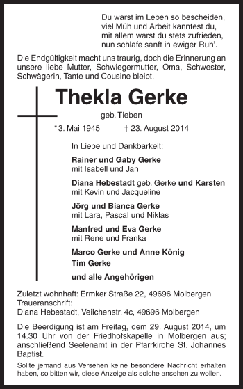 Traueranzeige von Thekla Gerke von Neue Osnabrücker Zeitung GmbH & Co. KG