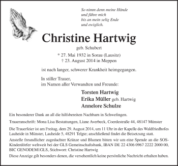 Traueranzeige von Christine Hartwig von Neue Osnabrücker Zeitung GmbH & Co. KG