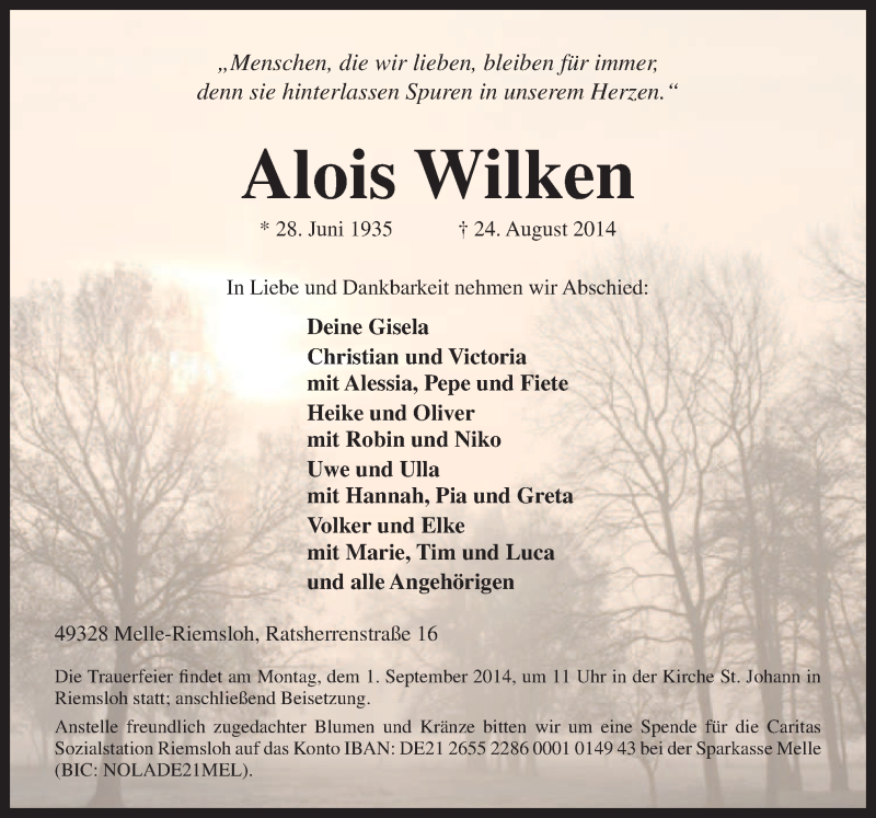  Traueranzeige für Alois Wilken vom 27.08.2014 aus Neue Osnabrücker Zeitung GmbH & Co. KG