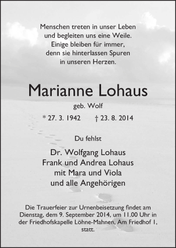 Traueranzeige von Marianne Lohaus von Neue Osnabrücker Zeitung GmbH & Co. KG