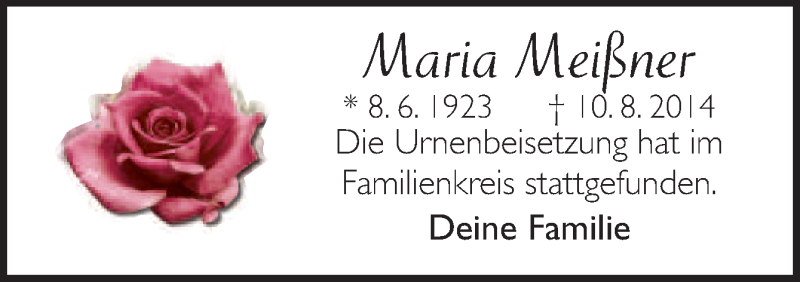  Traueranzeige für Maria Meißner vom 30.08.2014 aus Neue Osnabrücker Zeitung GmbH & Co. KG