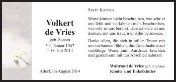 Traueranzeige von Volkert de Vries von Neue Osnabrücker Zeitung GmbH & Co. KG