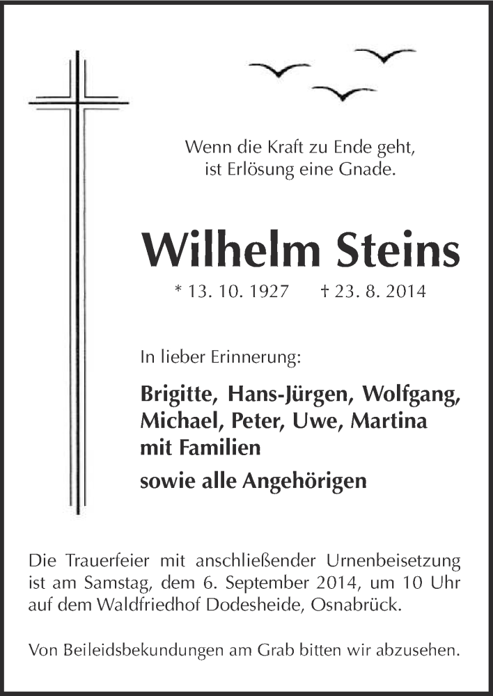  Traueranzeige für Wilhelm Steins vom 30.08.2014 aus Neue Osnabrücker Zeitung GmbH & Co. KG