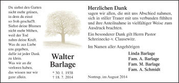 Traueranzeige von Walter Barlage von Neue Osnabrücker Zeitung GmbH & Co. KG