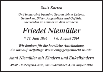 Traueranzeige von Friedel Niemüller von Neue Osnabrücker Zeitung GmbH & Co. KG