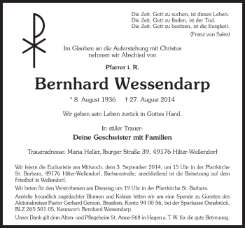 Traueranzeige von Bernhard Wessendarp von Neue Osnabrücker Zeitung GmbH & Co. KG