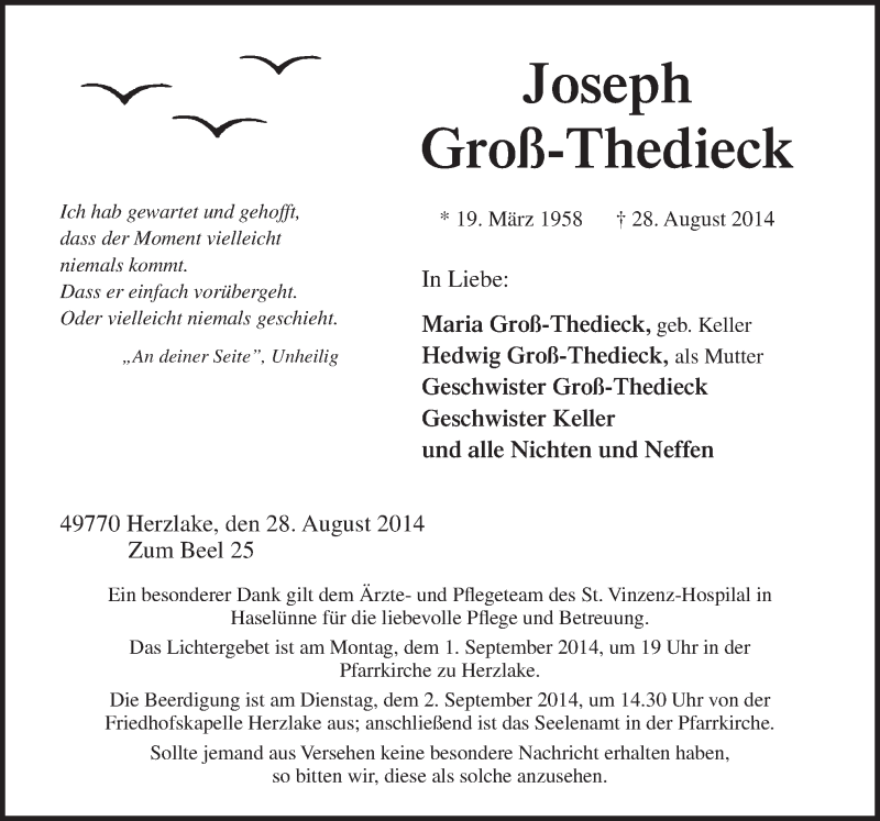  Traueranzeige für Joseph Groß-Thedieck vom 30.08.2014 aus Neue Osnabrücker Zeitung GmbH & Co. KG