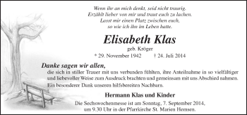 Traueranzeige von Elisabeth Klas von Neue Osnabrücker Zeitung GmbH & Co. KG