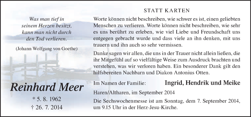  Traueranzeige für Reinhard Meer vom 03.09.2014 aus Neue Osnabrücker Zeitung GmbH & Co. KG