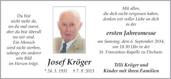 Traueranzeige von Josef Kröger von Neue Osnabrücker Zeitung GmbH & Co. KG