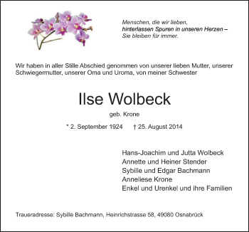 Traueranzeige von Ilse Wolbeck von Neue Osnabrücker Zeitung GmbH & Co. KG