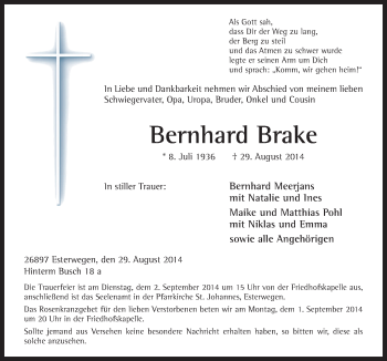 Traueranzeige von Bernhard Brake von Neue Osnabrücker Zeitung GmbH & Co. KG