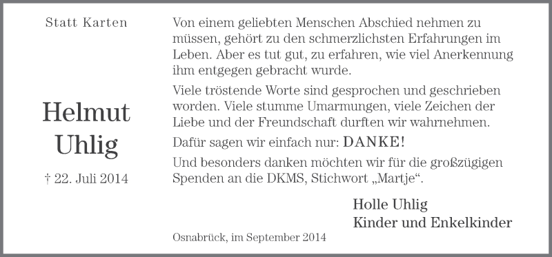  Traueranzeige für Helmut Uhlig vom 03.09.2014 aus Neue Osnabrücker Zeitung GmbH & Co. KG