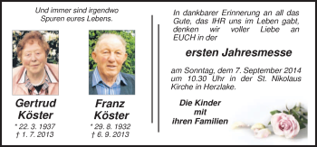 Traueranzeige von Gertrud Köster von Neue Osnabrücker Zeitung GmbH & Co. KG