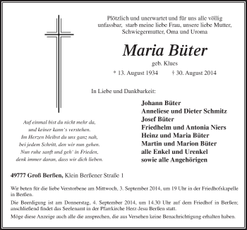 Traueranzeige von Maria Büter von Neue Osnabrücker Zeitung GmbH & Co. KG