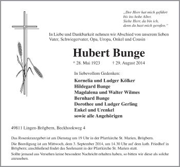 Traueranzeige von Hubert Bunge von Neue Osnabrücker Zeitung GmbH & Co. KG