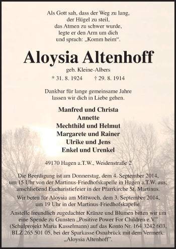 Traueranzeige von Aloysia Altenhoff von Neue Osnabrücker Zeitung GmbH & Co. KG