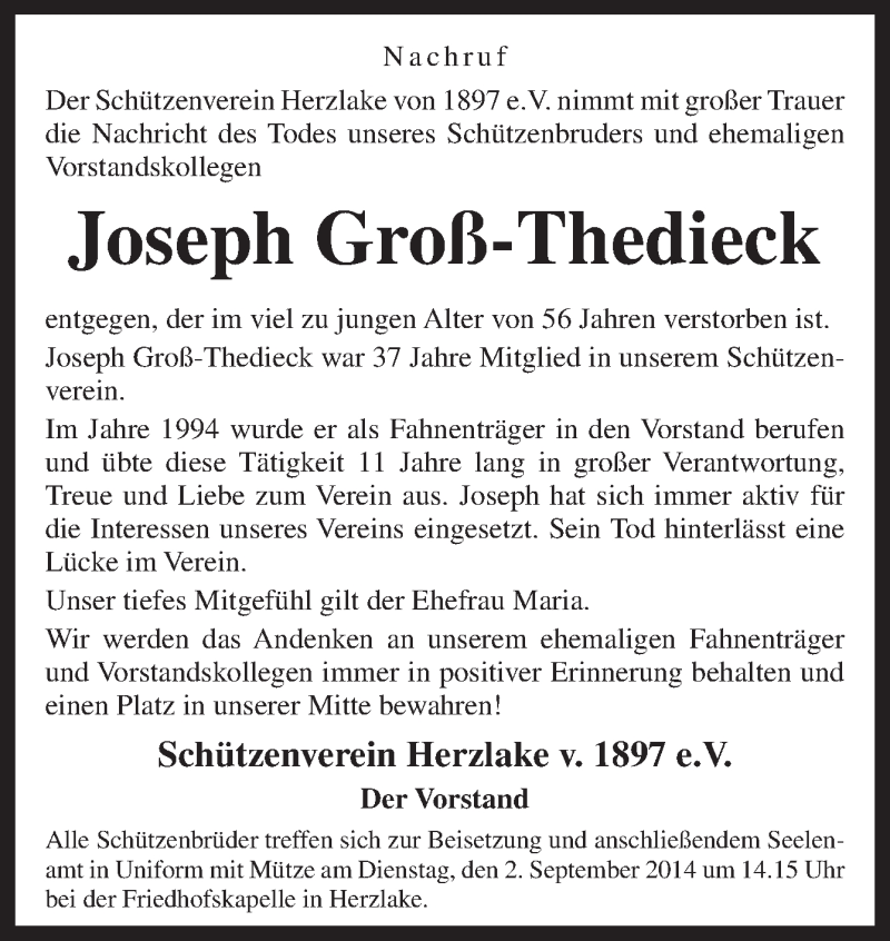  Traueranzeige für Joseph Groß-Thedieck vom 01.09.2014 aus Neue Osnabrücker Zeitung GmbH & Co. KG