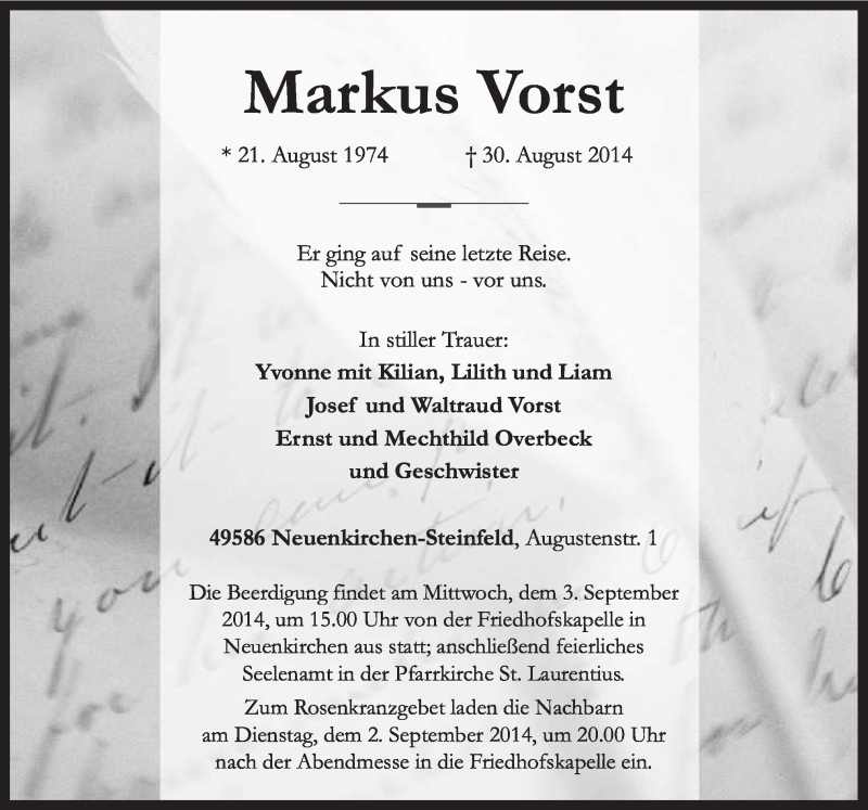  Traueranzeige für Markus Vorst vom 01.09.2014 aus Neue Osnabrücker Zeitung GmbH & Co. KG