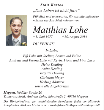 Traueranzeige von Matthias Lohe von Neue Osnabrücker Zeitung GmbH & Co. KG