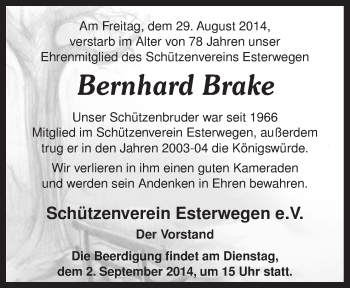 Traueranzeige von Bernhard Brake von Neue Osnabrücker Zeitung GmbH & Co. KG