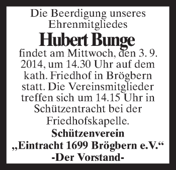 Traueranzeige von Hubert Bunge von Neue Osnabrücker Zeitung GmbH & Co. KG