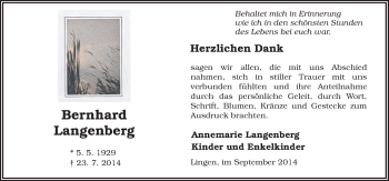 Traueranzeige von Bernhard Langenberg von Neue Osnabrücker Zeitung GmbH & Co. KG