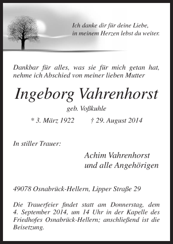 Traueranzeige von Ingeborg Vahrenhorst von Neue Osnabrücker Zeitung GmbH & Co. KG