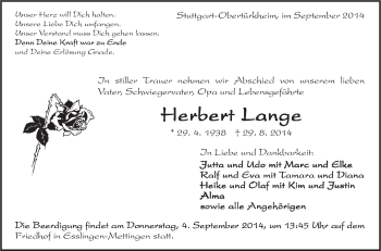 Traueranzeige von Herbert Lange von Neue Osnabrücker Zeitung GmbH & Co. KG