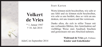 Traueranzeige von Volkert de Vries von Neue Osnabrücker Zeitung GmbH & Co. KG