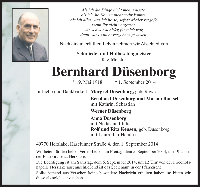  Traueranzeige für Bernhard Düsenborg vom 03.09.2014 aus Neue Osnabrücker Zeitung GmbH & Co. KG