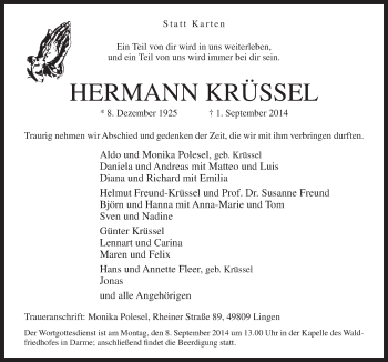 Traueranzeige von Hermann Krüssel von Neue Osnabrücker Zeitung GmbH & Co. KG