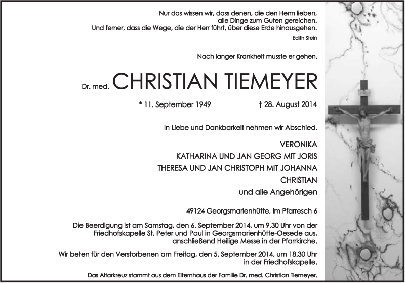  Traueranzeige für Christian Tiemeyer vom 03.09.2014 aus Neue Osnabrücker Zeitung GmbH & Co. KG