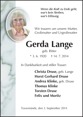 Traueranzeige von Gerda Lange von Neue Osnabrücker Zeitung GmbH & Co. KG