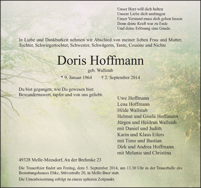  Traueranzeige für Doris Hoffmann vom 04.09.2014 aus Neue Osnabrücker Zeitung GmbH & Co. KG