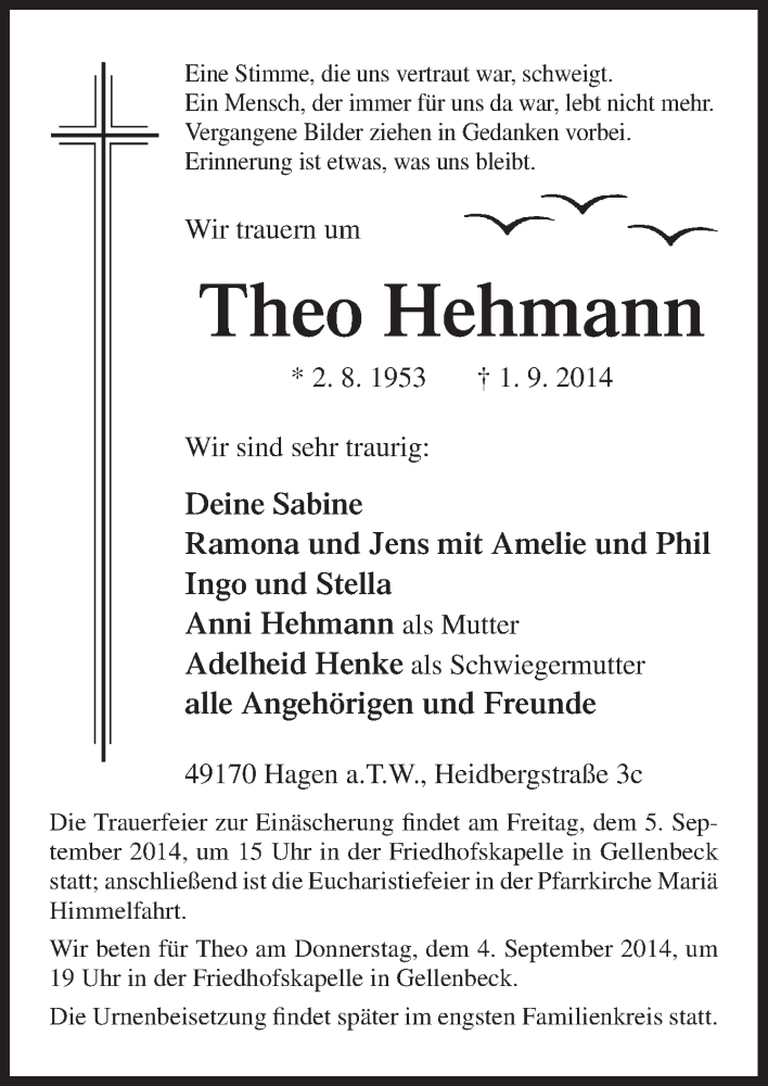  Traueranzeige für Theo Hehmann vom 03.09.2014 aus Neue Osnabrücker Zeitung GmbH & Co. KG