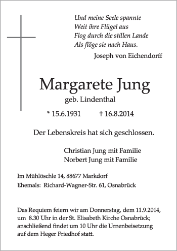 Traueranzeige von Margarete Jung von Neue Osnabrücker Zeitung GmbH & Co. KG