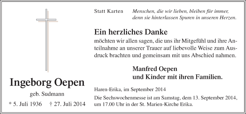  Traueranzeige für Ingeborg Oepen vom 10.09.2014 aus Neue Osnabrücker Zeitung GmbH & Co. KG