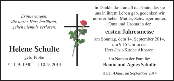 Traueranzeige von Helene Schulte von Neue Osnabrücker Zeitung GmbH & Co. KG
