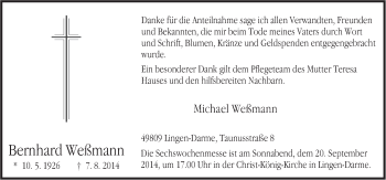 Traueranzeige von Bernhard Weßmann von Neue Osnabrücker Zeitung GmbH & Co. KG