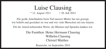 Traueranzeige von Luise Clausing von Neue Osnabrücker Zeitung GmbH & Co. KG
