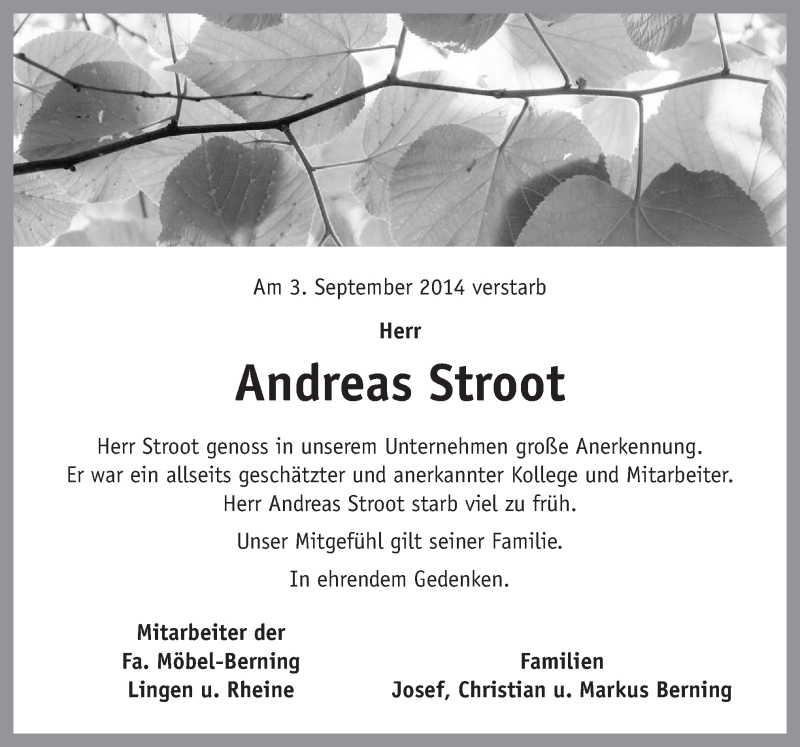  Traueranzeige für Andreas Stroot vom 06.09.2014 aus Neue Osnabrücker Zeitung GmbH & Co. KG