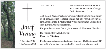 Traueranzeige von Josef Vieting von Neue Osnabrücker Zeitung GmbH & Co. KG