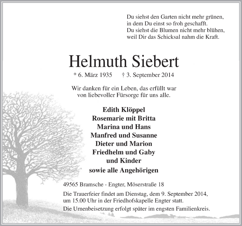  Traueranzeige für Helmuth Siebert vom 06.09.2014 aus Neue Osnabrücker Zeitung GmbH & Co. KG