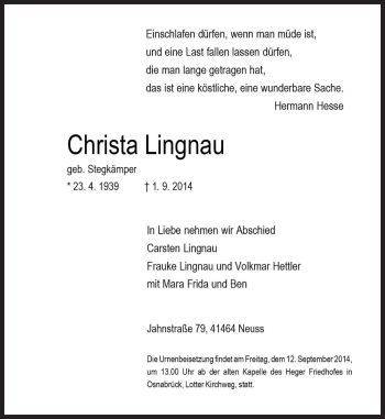 Traueranzeige von Christa Lingnau von Neue Osnabrücker Zeitung GmbH & Co. KG