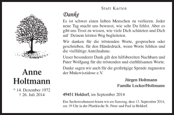 Traueranzeige von Anne Holtemann von Neue Osnabrücker Zeitung GmbH & Co. KG