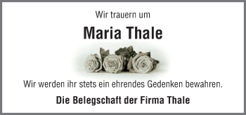 Traueranzeige von Maria Thale von Neue Osnabrücker Zeitung GmbH & Co. KG